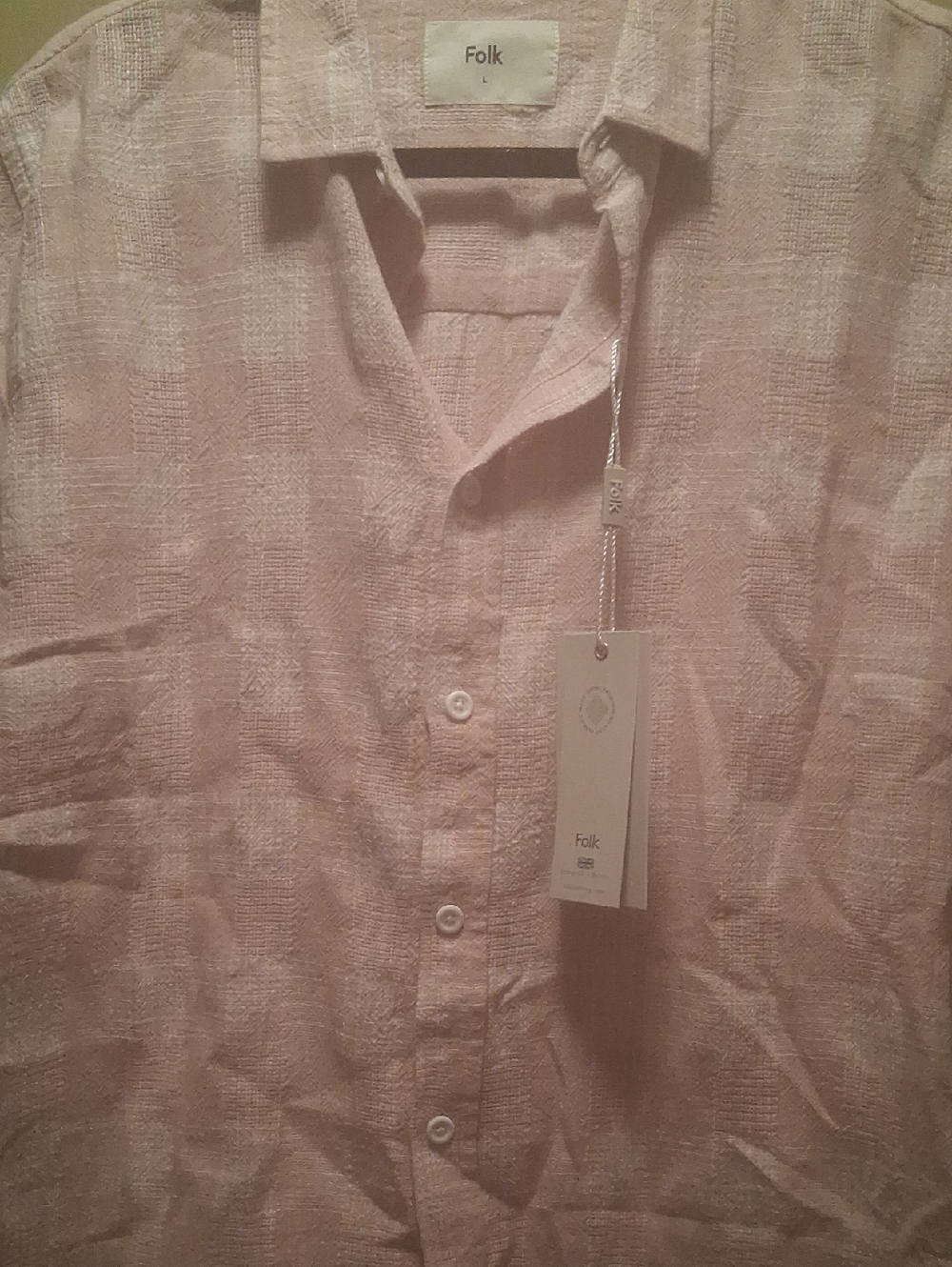 Folk Men's Pink Linen Blend Button-Up Shirt L
